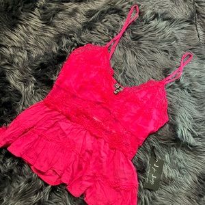 Pink sheer panel lace tank